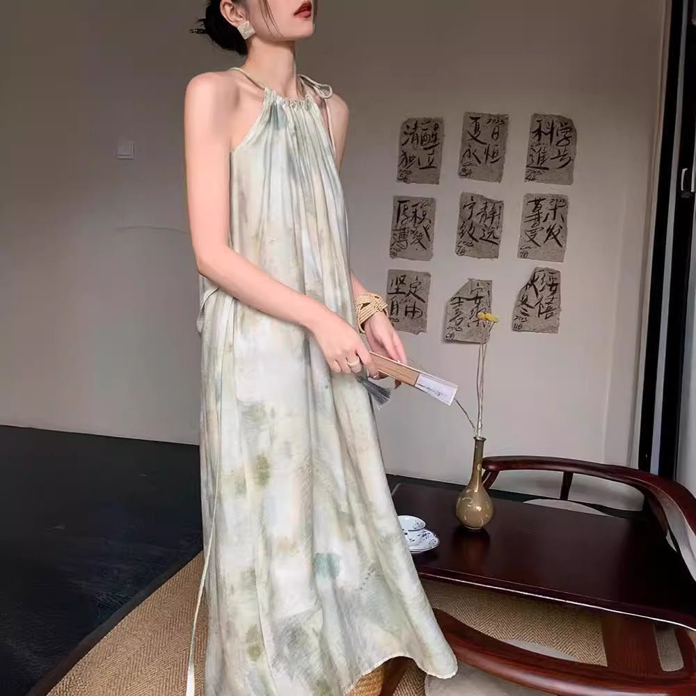 Robe sans manches style chinois à col noué avec teinture dégradée ombrée verte élégante - IVOIRART.COM