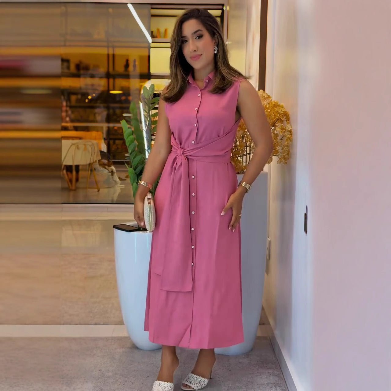 Robe sans manches tendance cintrée à la taille pour femme, style élégant d'été - IVOIRART.COM