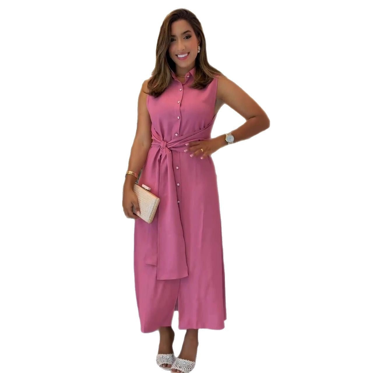 Robe sans manches tendance cintrée à la taille pour femme, style élégant d'été - IVOIRART.COM