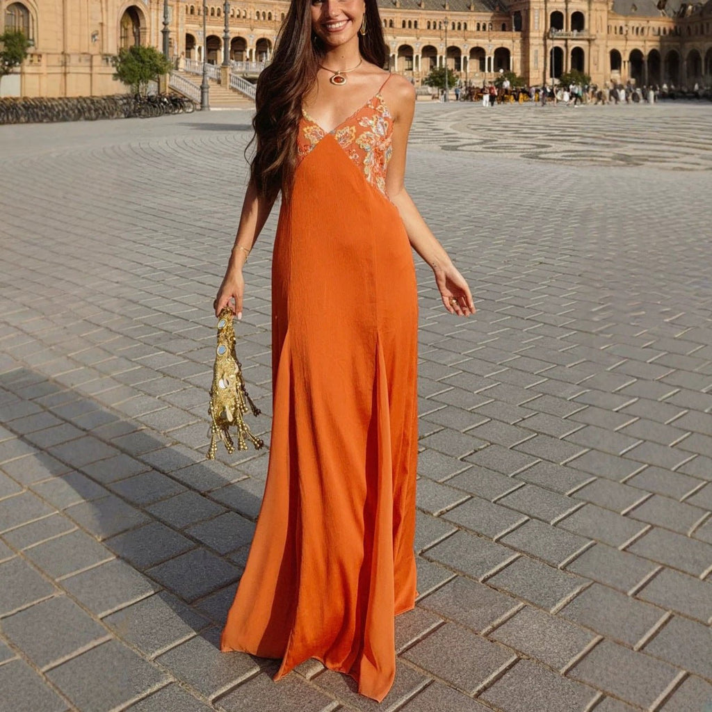 Robe satin bretelles spaghetti et écharpe deux-pièces femme, A-line longue été22 - IVOIRART.COM