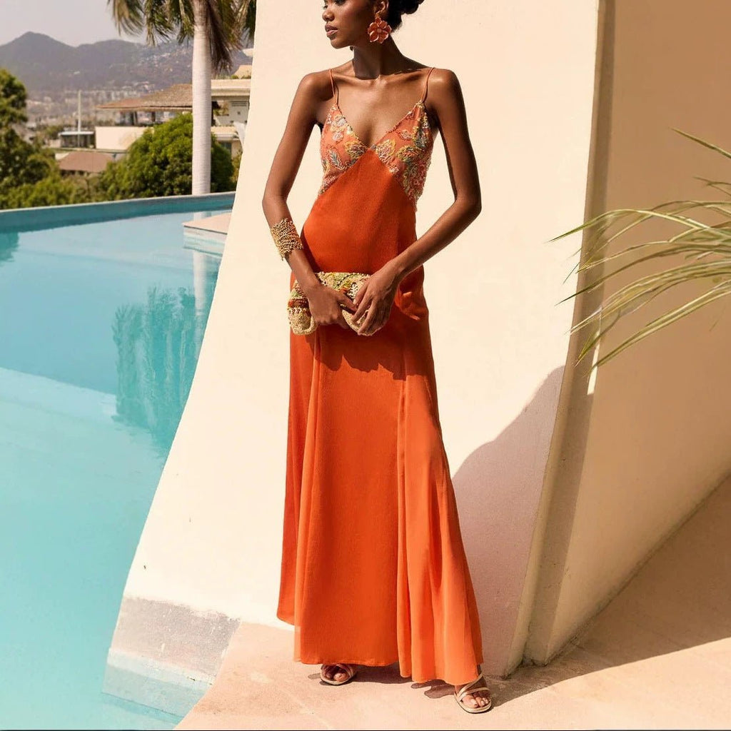 Robe satin bretelles spaghetti et écharpe deux-pièces femme, A-line longue été22 - IVOIRART.COM