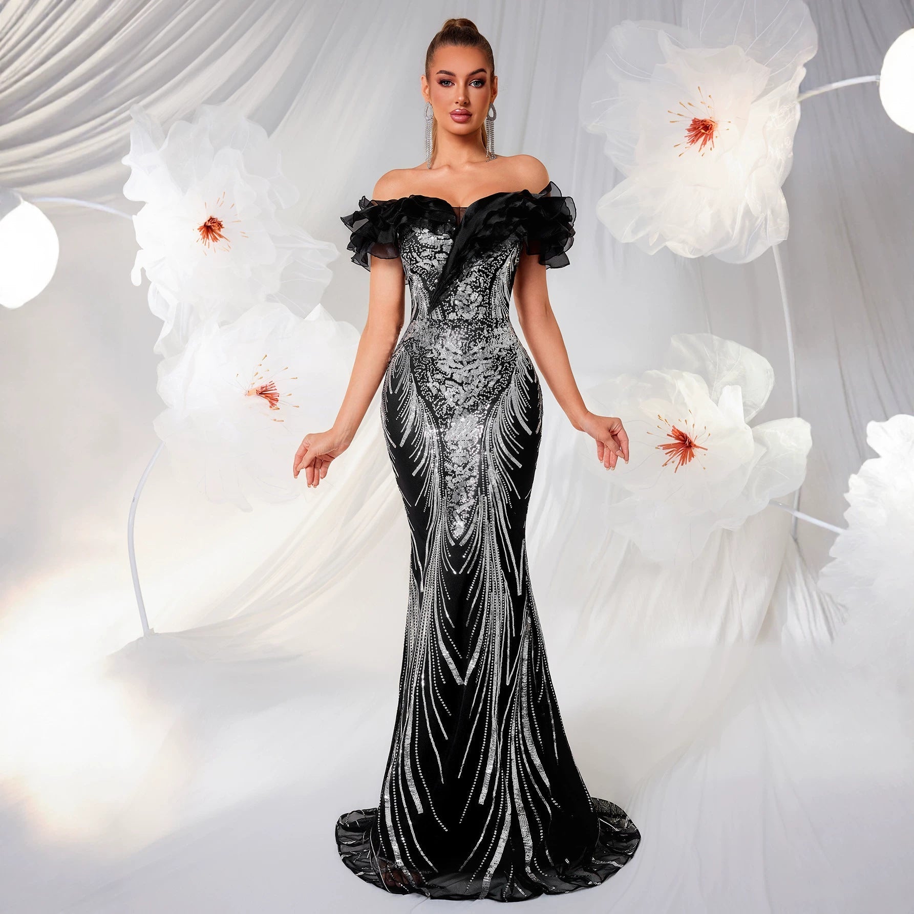 Robe sirène épaules dénudées luxe léger à volant noir, coupe moulante, midi XS-M-L - IVOIRART.COM