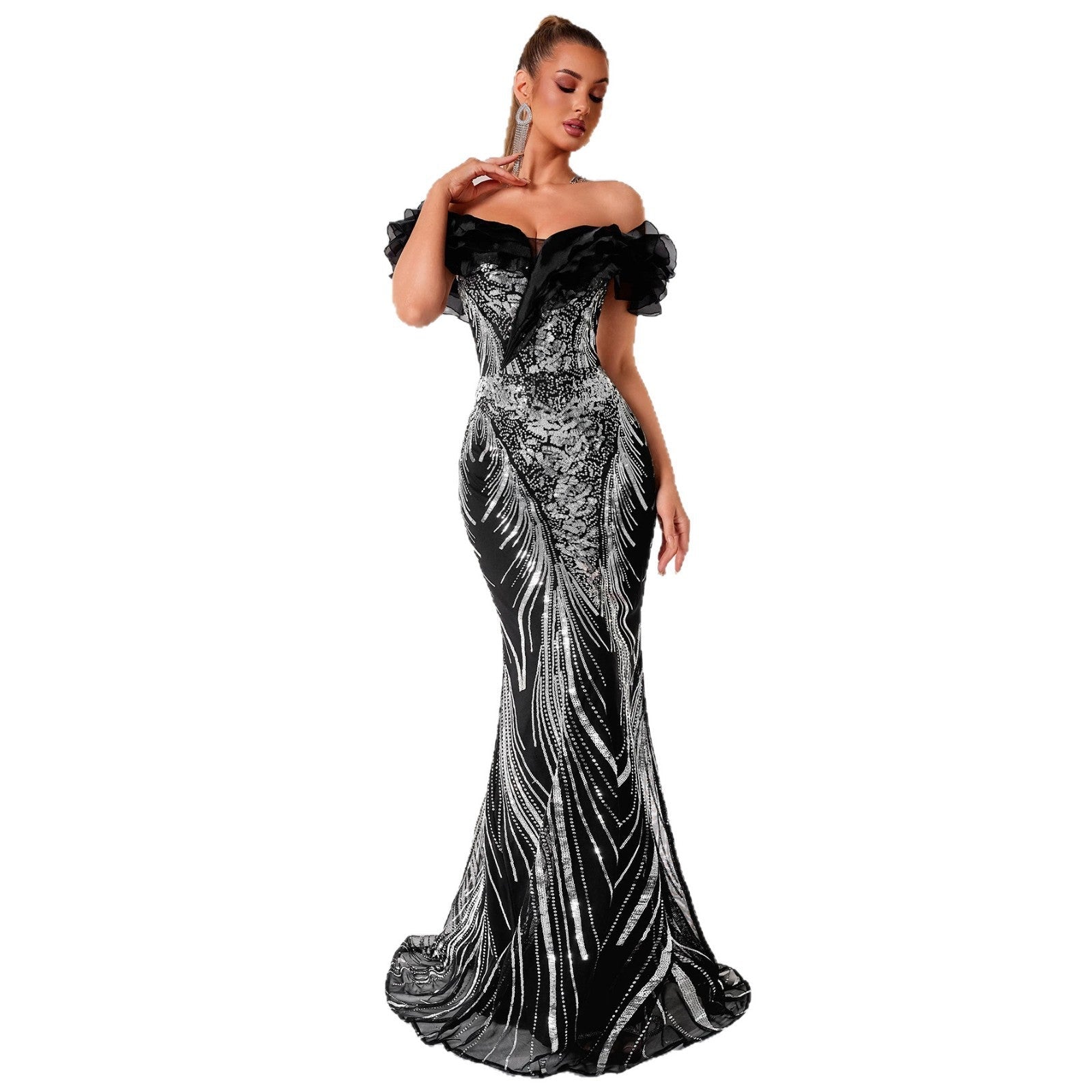 Robe sirène épaules dénudées luxe léger à volant noir, coupe moulante, midi XS-M-L - IVOIRART.COM