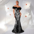 Robe sirène épaules dénudées luxe léger à volant noir, coupe moulante, midi XS-M-L - IVOIRART.COM