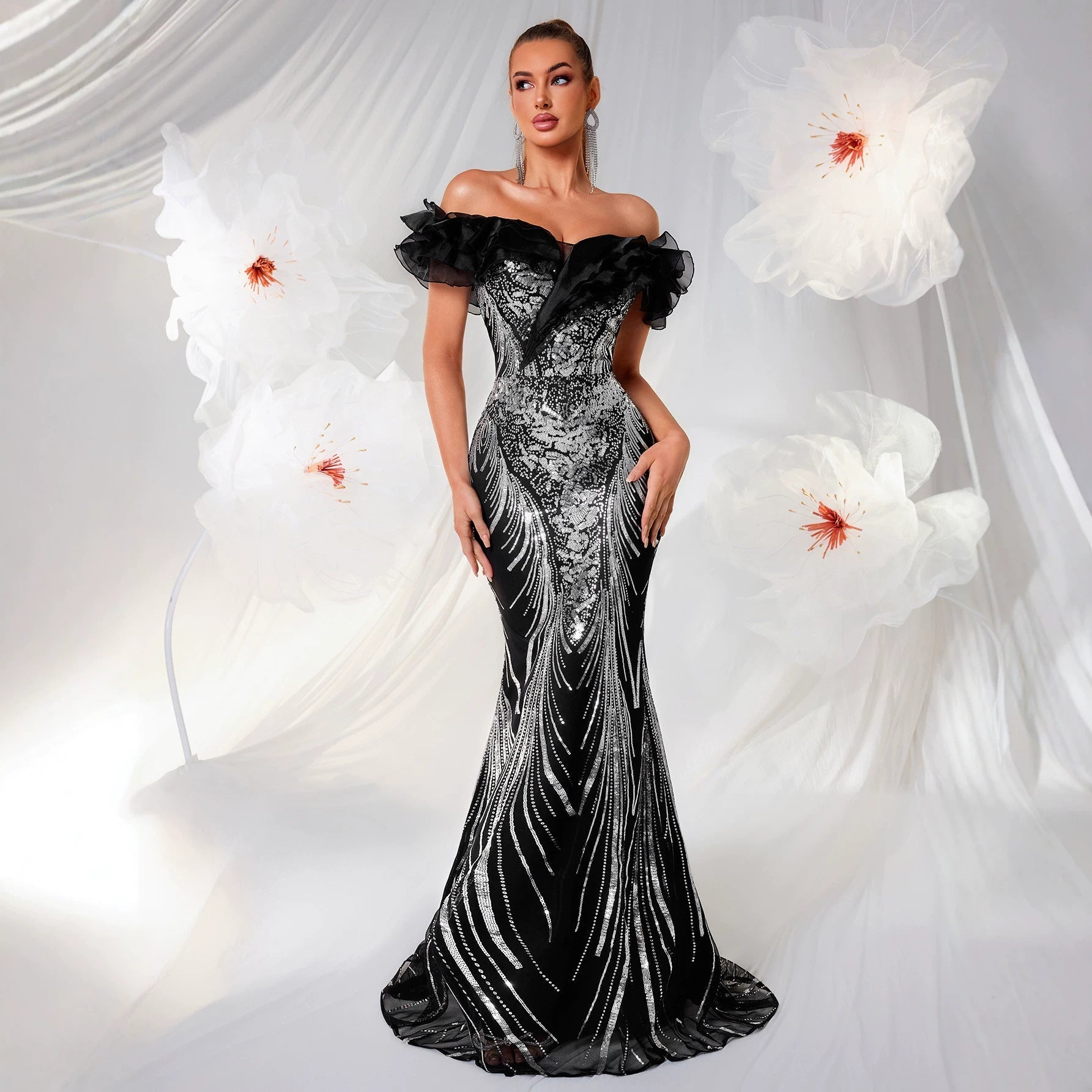 Robe sirène épaules dénudées luxe léger à volant noir, coupe moulante, midi XS-M-L - IVOIRART.COM