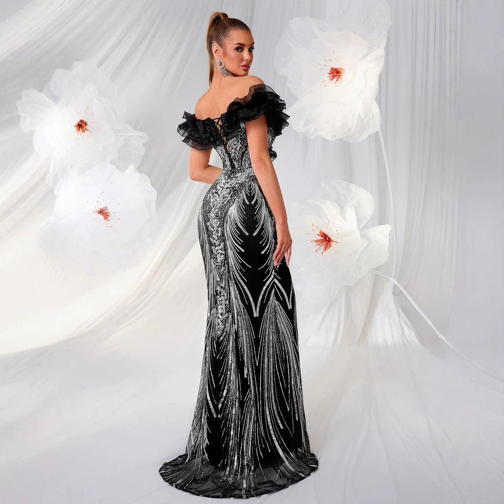 Robe sirène épaules dénudées luxe léger à volant noir, coupe moulante, midi XS-M-L - IVOIRART.COM