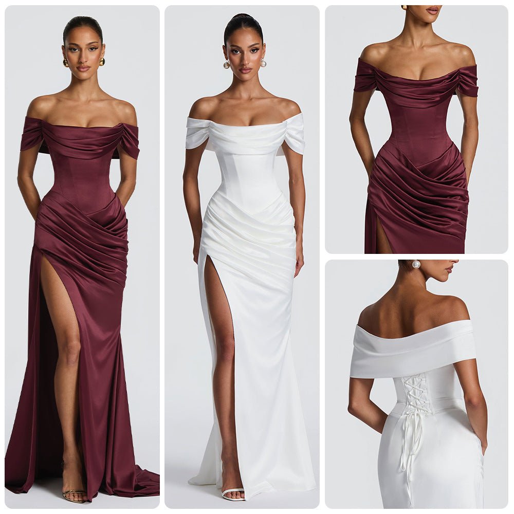 Robe sirène fendue haute au design élégant avec traîne, disponible en bordeaux et blanc - IVOIRART.COM