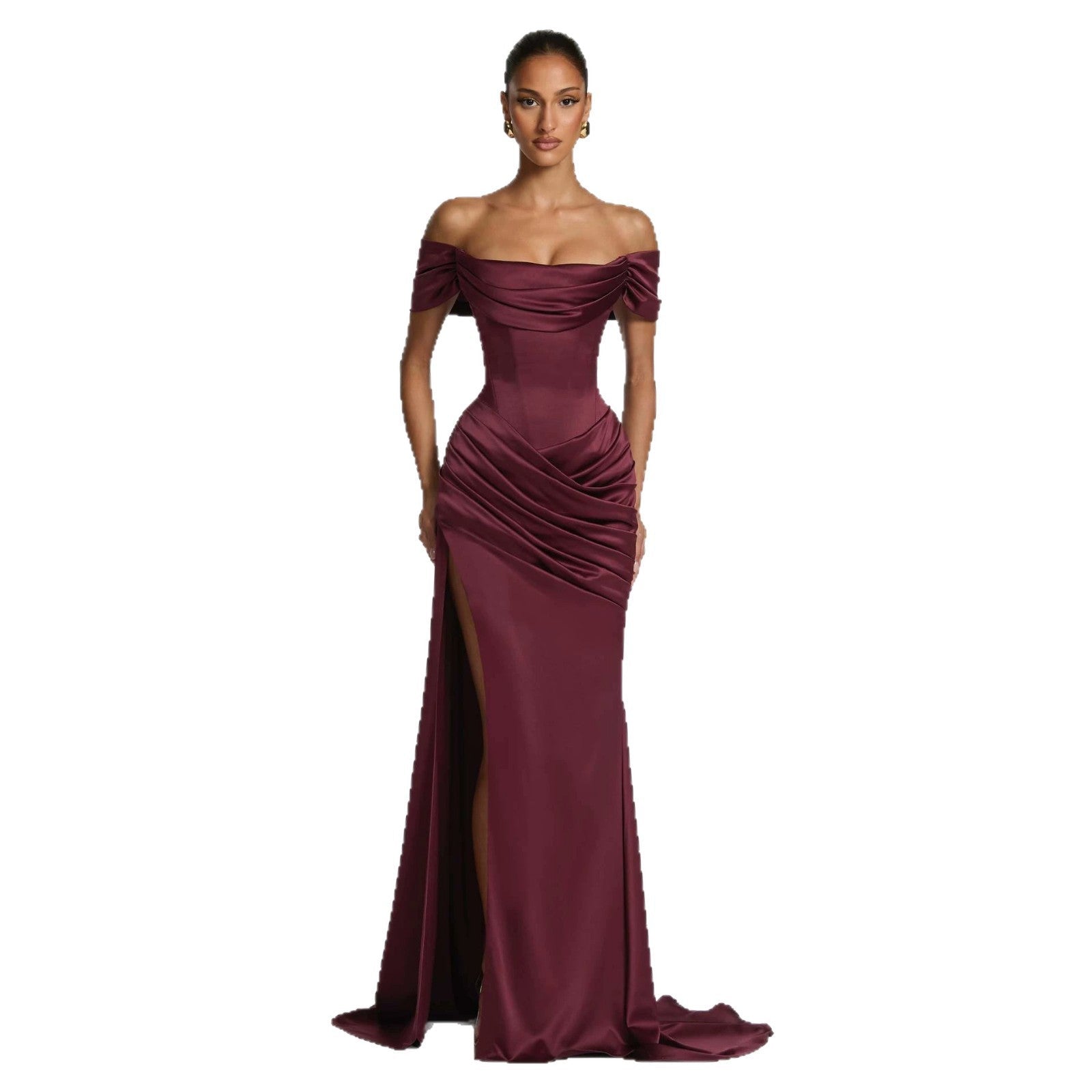 Robe sirène fendue haute au design élégant avec traîne, disponible en bordeaux et blanc - IVOIRART.COM