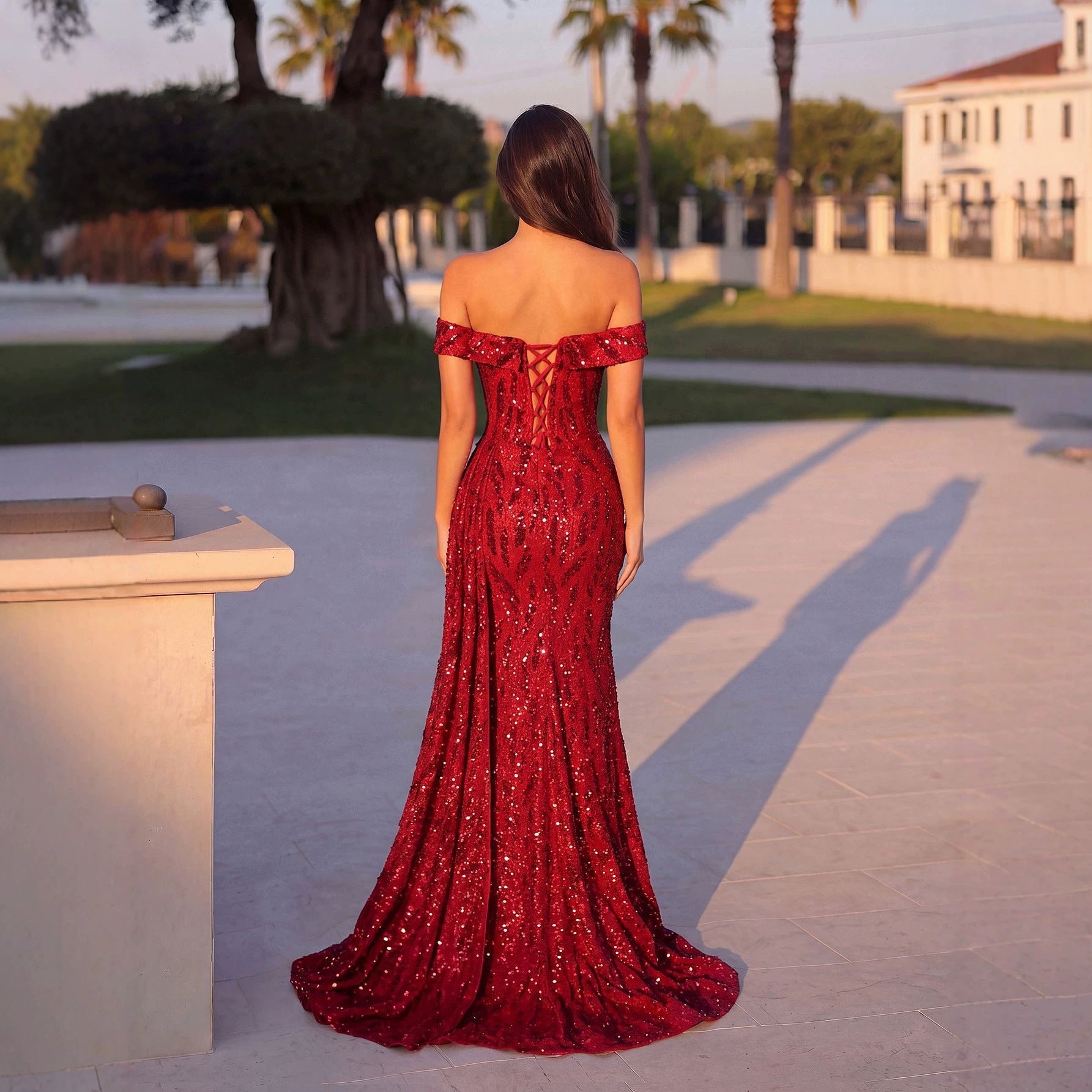 Robe sirène pailletée asymétrique une épaule slim-fit midi rouge élégante chic!! - IVOIRART.COM