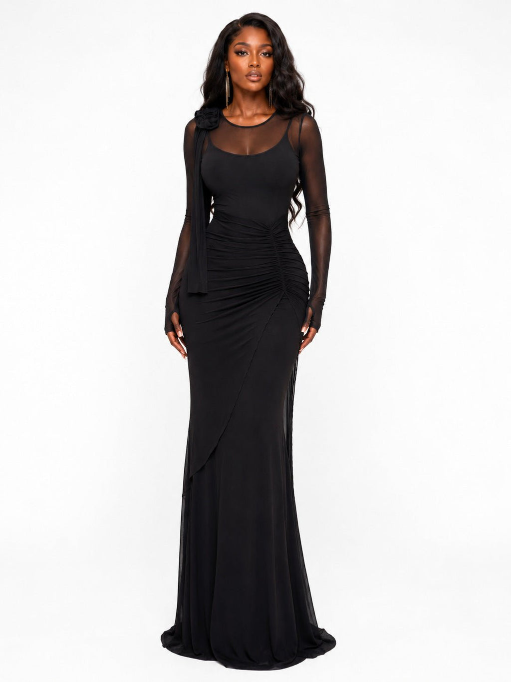 Robe Slim Transparente en Tulle avec Motif Floral, Taille Haute, Manches Longues - IVOIRART.COM