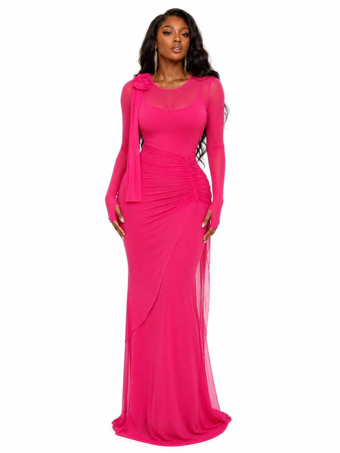 Robe Slim Transparente en Tulle avec Motif Floral, Taille Haute, Manches Longues - IVOIRART.COM