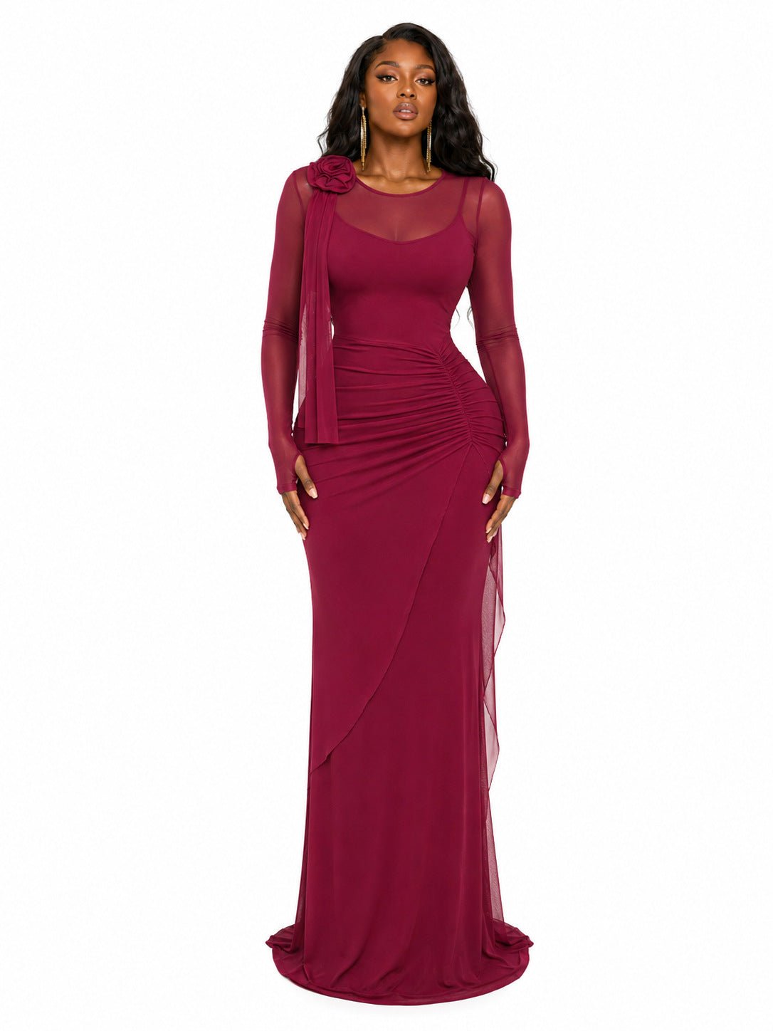 Robe Slim Transparente en Tulle avec Motif Floral, Taille Haute, Manches Longues - IVOIRART.COM