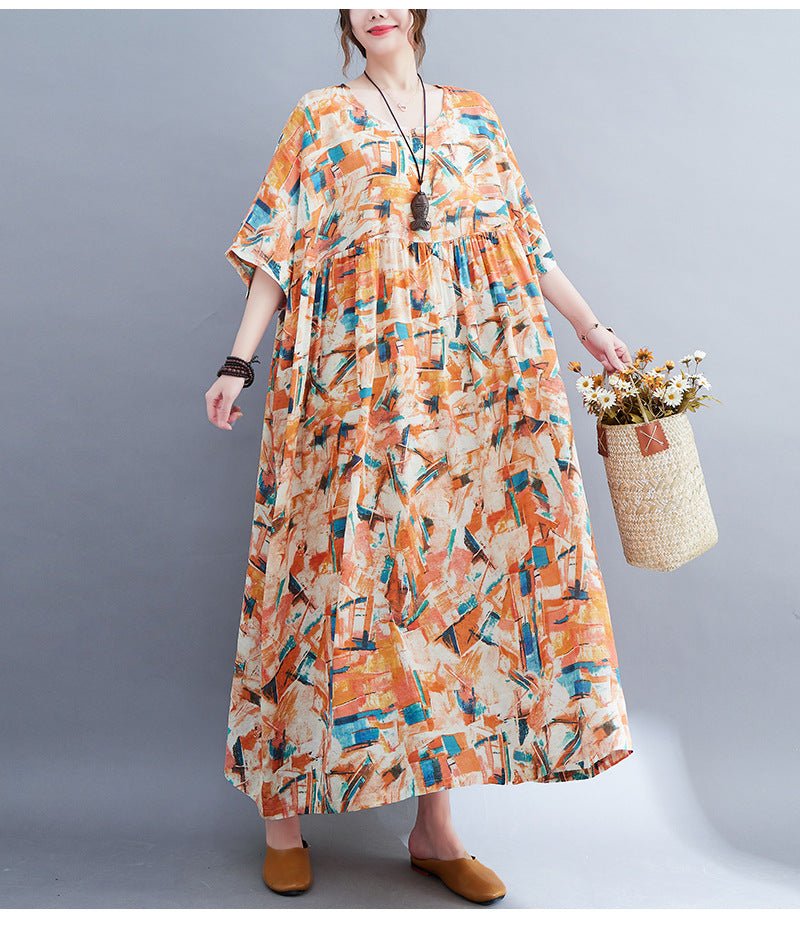 Robe swing rétro artistique d'été en coton et lin imprimé respirant pour femmes. - IVOIRART.COM