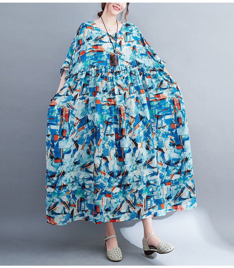 Robe swing rétro artistique d'été en coton et lin imprimé respirant pour femmes. - IVOIRART.COM