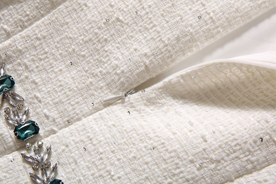 Robe tweed à sequins, perles et strass cintrée à la taille — creamy-white S-XXL. - IVOIRART.COM