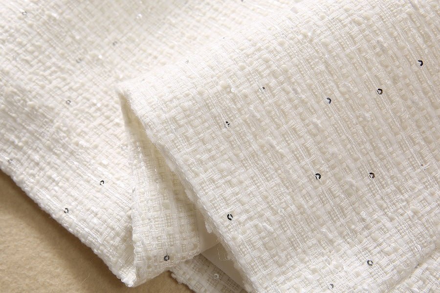 Robe tweed à sequins, perles et strass cintrée à la taille — creamy-white S-XXL. - IVOIRART.COM