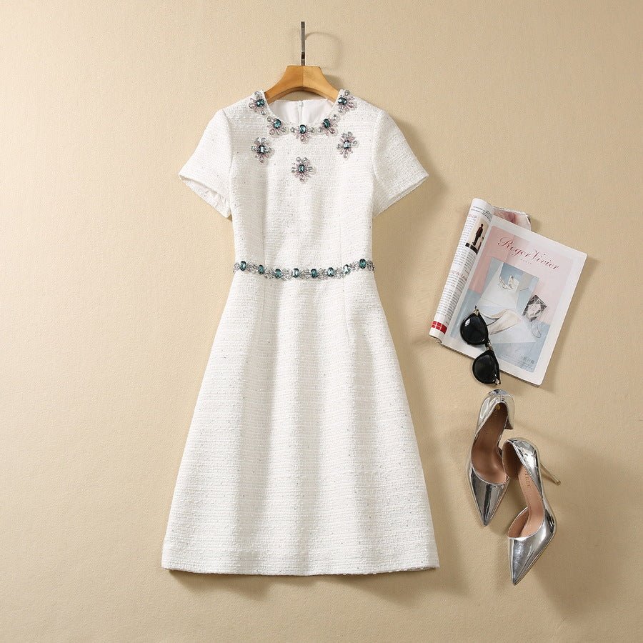 Robe tweed à sequins, perles et strass cintrée à la taille — creamy-white S-XXL. - IVOIRART.COM