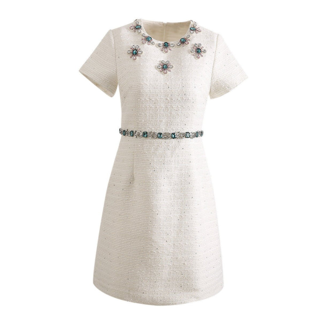 Robe tweed à sequins, perles et strass cintrée à la taille — creamy-white S-XXL. - IVOIRART.COM