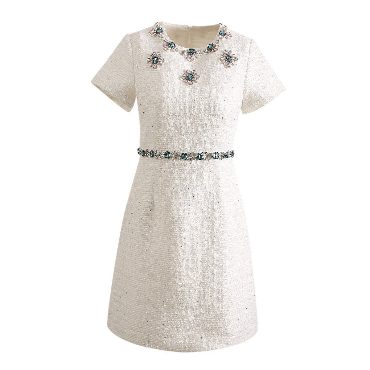 Robe tweed à sequins, perles et strass cintrée à la taille — creamy-white S-XXL. - IVOIRART.COM