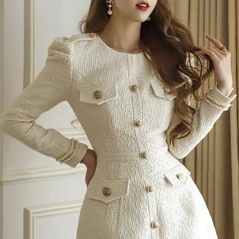 Robe tweed col rond chic à boutons coupe trapèze manches longues style socialite - IVOIRART.COM