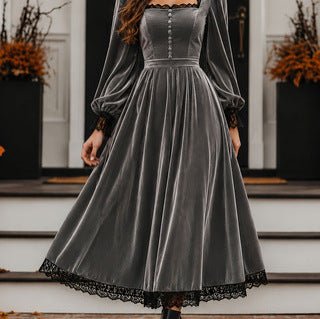 Robe velours col carré à panneaux de dentelle, taille haute, coupe évasée moderne - IVOIRART.COM