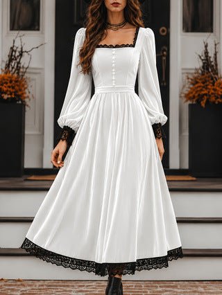 Robe velours col carré à panneaux de dentelle, taille haute, coupe évasée moderne - IVOIRART.COM