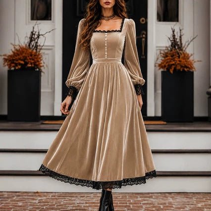 Robe velours col carré à panneaux de dentelle, taille haute, coupe évasée moderne - IVOIRART.COM