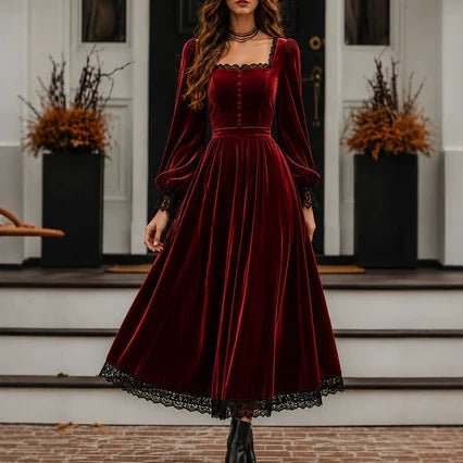 Robe velours col carré à panneaux de dentelle, taille haute, coupe évasée moderne - IVOIRART.COM