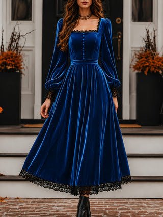Robe velours col carré à panneaux de dentelle, taille haute, coupe évasée moderne - IVOIRART.COM