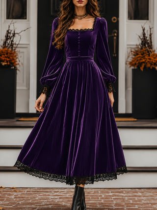 Robe velours col carré à panneaux de dentelle, taille haute, coupe évasée moderne - IVOIRART.COM