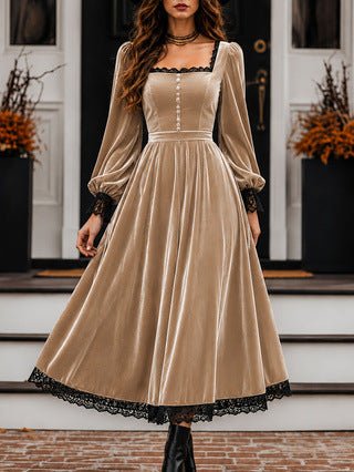 Robe velours col carré à panneaux de dentelle, taille haute, coupe évasée moderne - IVOIRART.COM