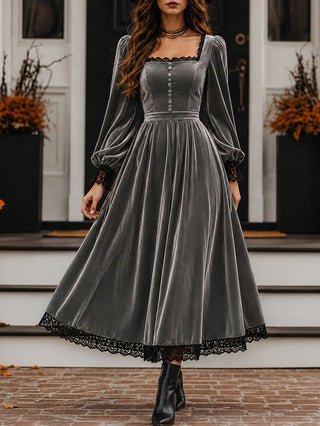Robe velours col carré à panneaux de dentelle, taille haute, coupe évasée moderne - IVOIRART.COM