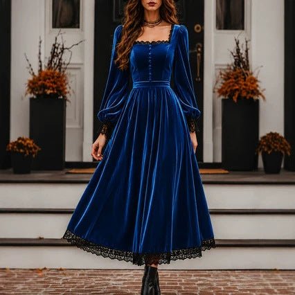 Robe velours col carré à panneaux de dentelle, taille haute, coupe évasée moderne - IVOIRART.COM