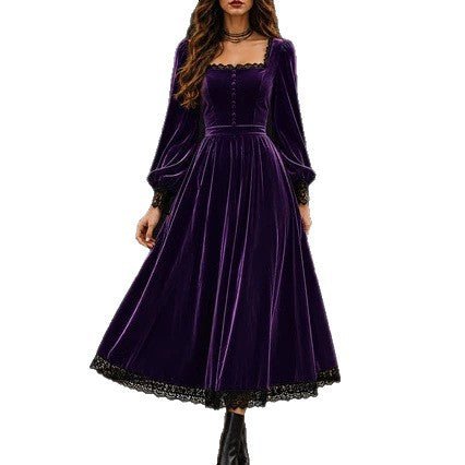 Robe velours col carré à panneaux de dentelle, taille haute, coupe évasée moderne - IVOIRART.COM