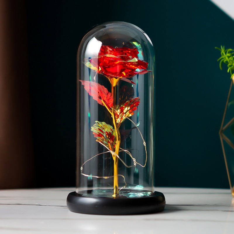 Rose Préservée Sous Cloche en Verre Borosilicate avec Feuille d'Or – Décoration Cadeau Pour Fête des Mères, Saint-Valentin, Anniversaire - IVOIRART.COM