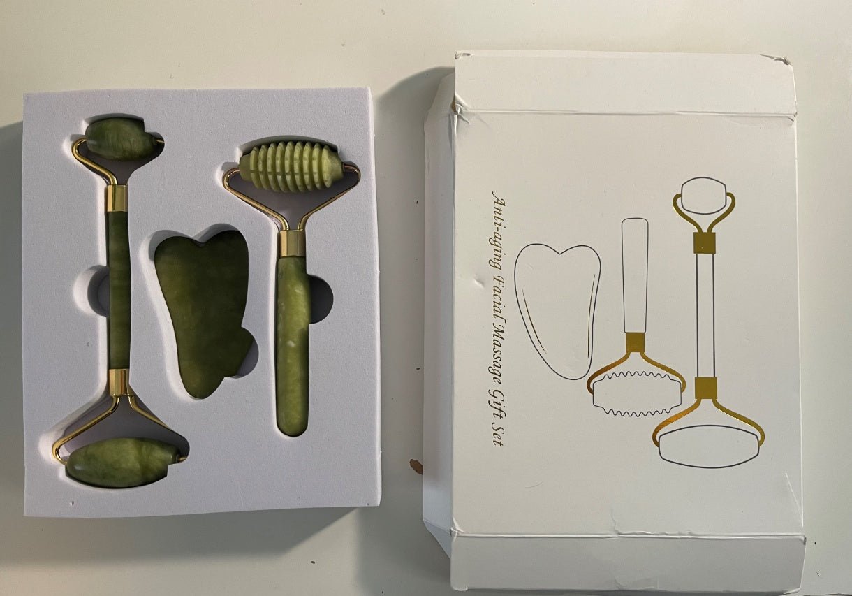 Rouleau de Massage avec Trois Ensembles de Massage en Jade Facial de Qualité - IVOIRART.COM