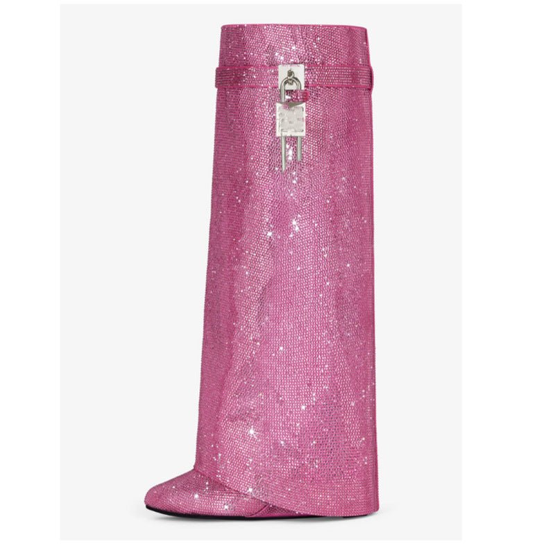 Round Toe Wedge Super High Heel Plus Rhinestone Lock Shark Buckle Knee-high Boots - IVOIRART.COM
