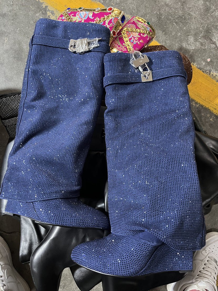 Round Toe Wedge Super High Heel Plus Rhinestone Lock Shark Buckle Knee-high Boots - IVOIRART.COM