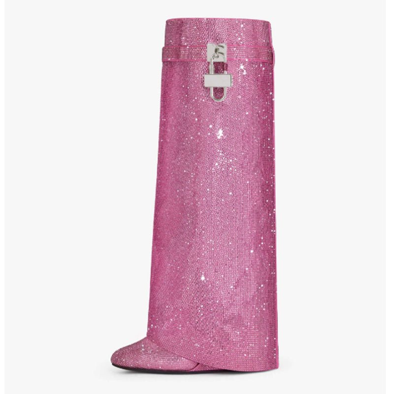 Round Toe Wedge Super High Heel Plus Rhinestone Lock Shark Buckle Knee-high Boots - IVOIRART.COM