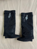 Round Toe Wedge Super High Heel Plus Rhinestone Lock Shark Buckle Knee-high Boots - IVOIRART.COM