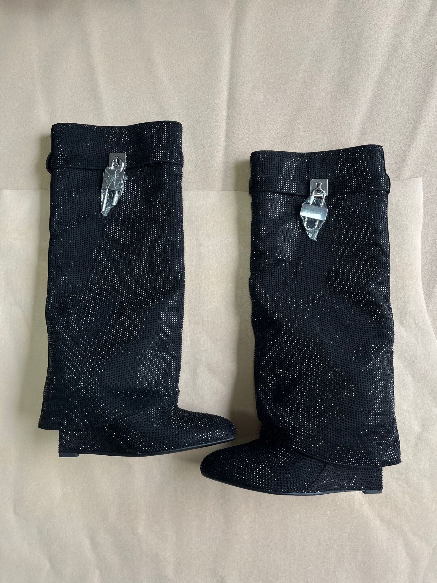 Round Toe Wedge Super High Heel Plus Rhinestone Lock Shark Buckle Knee-high Boots - IVOIRART.COM