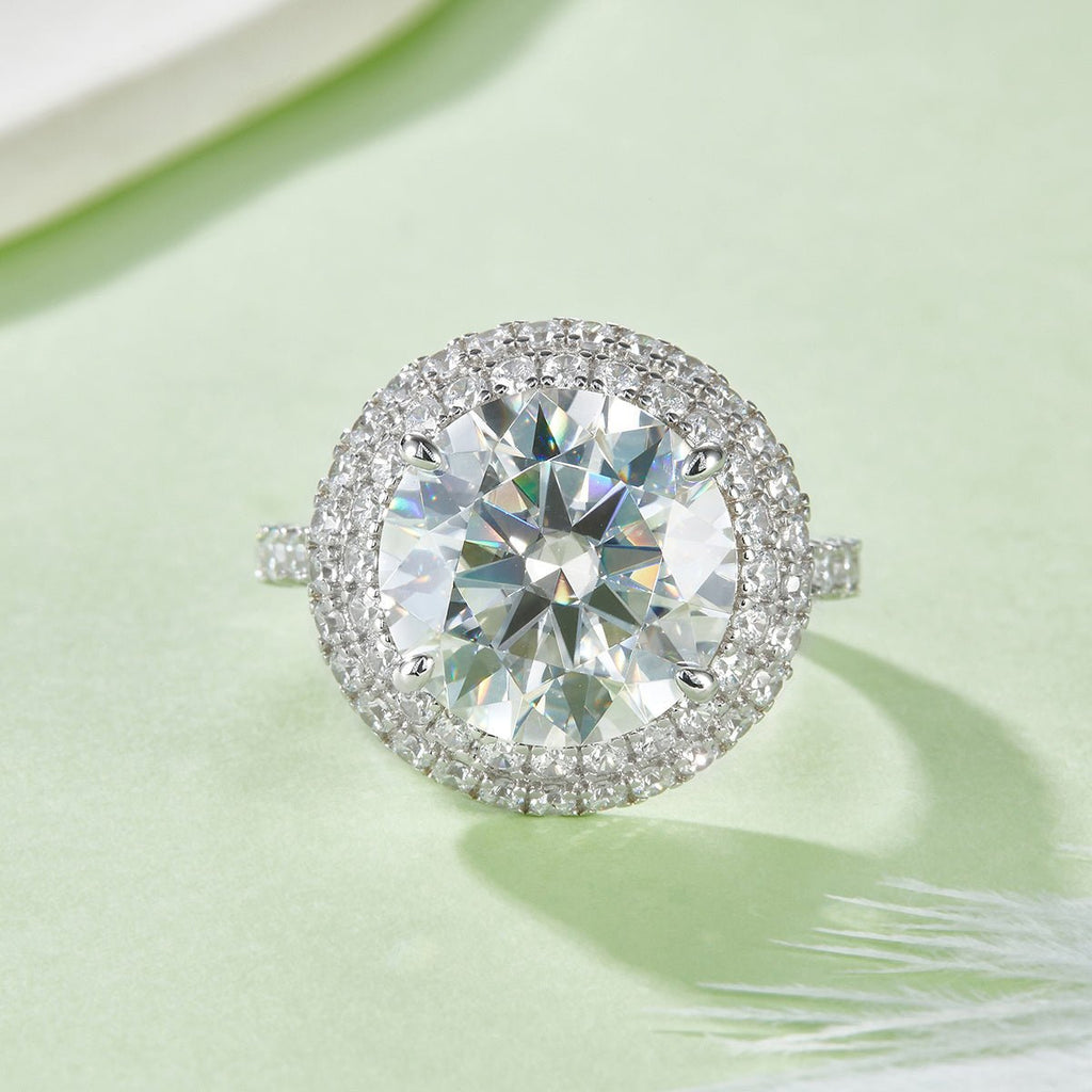 S925 Argent Sterling Bague Moissanite 8ct 13mm D-VVS1 Double Halo Pavé Brillant+ - IVOIRART.COM