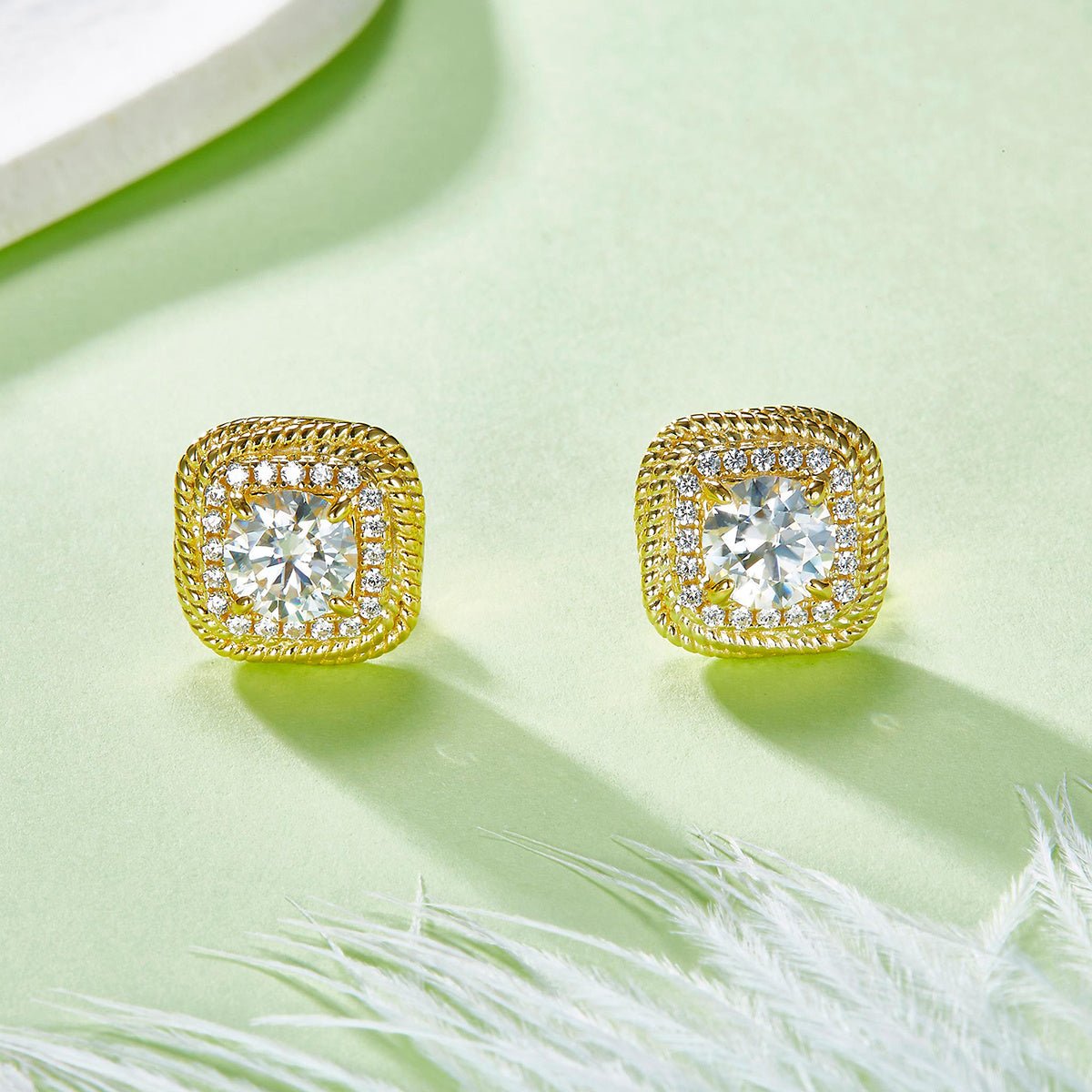 S925 Argent Sterling plaqué or, Clous coussin 6,5mm Moissanite D-VVS1, 5,4g Halo - IVOIRART.COM