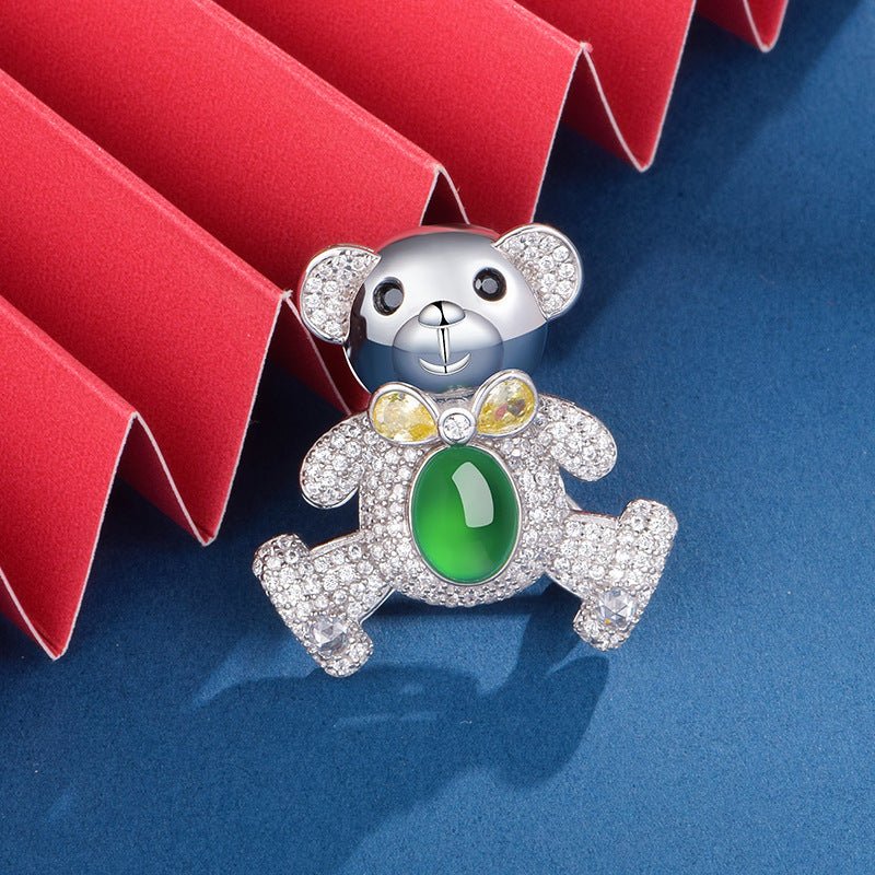 S925 Silver Pave Bear Brooch 8x6mm Oval Green Chalcedony 7g Platinum Plated Fashion Gift Box - IVOIRART.COM