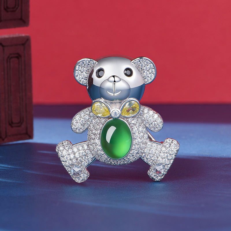 S925 Silver Pave Bear Brooch 8x6mm Oval Green Chalcedony 7g Platinum Plated Fashion Gift Box - IVOIRART.COM