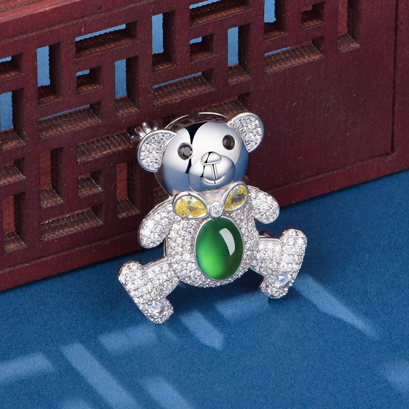 S925 Silver Pave Bear Brooch 8x6mm Oval Green Chalcedony 7g Platinum Plated Fashion Gift Box - IVOIRART.COM