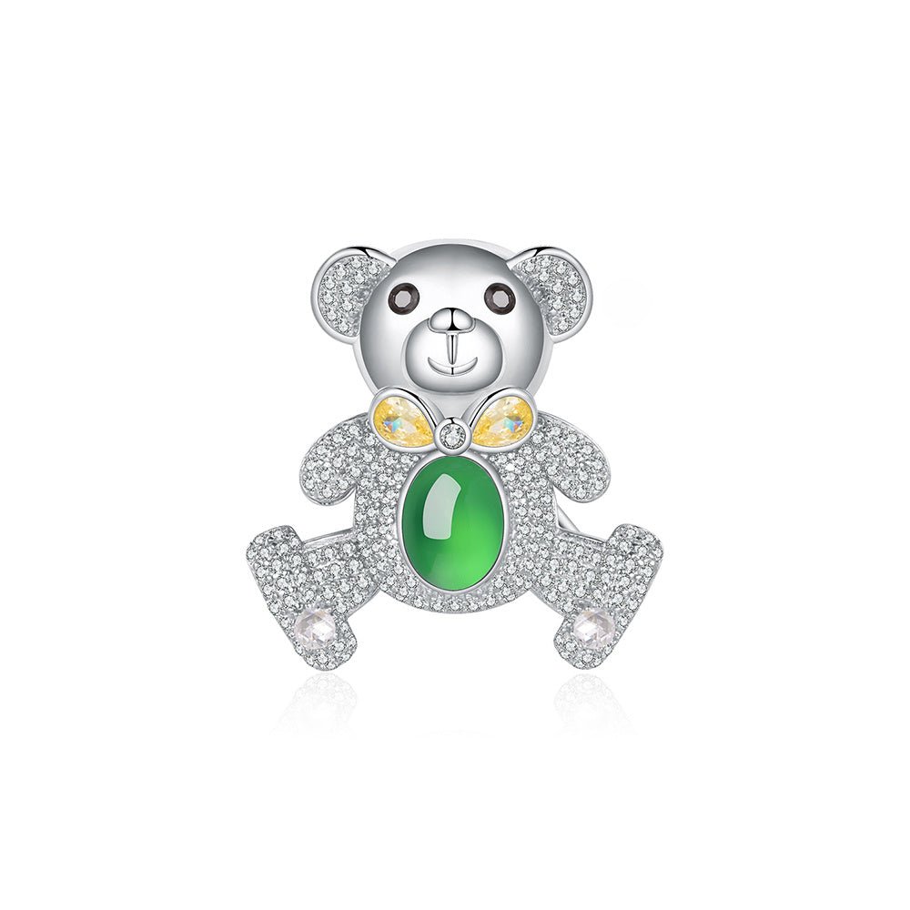 S925 Silver Pave Bear Brooch 8x6mm Oval Green Chalcedony 7g Platinum Plated Fashion Gift Box - IVOIRART.COM