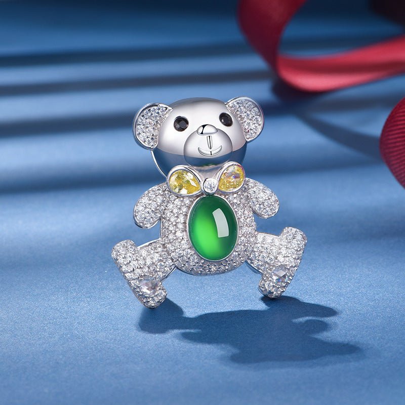 S925 Silver Pave Bear Brooch 8x6mm Oval Green Chalcedony 7g Platinum Plated Fashion Gift Box - IVOIRART.COM