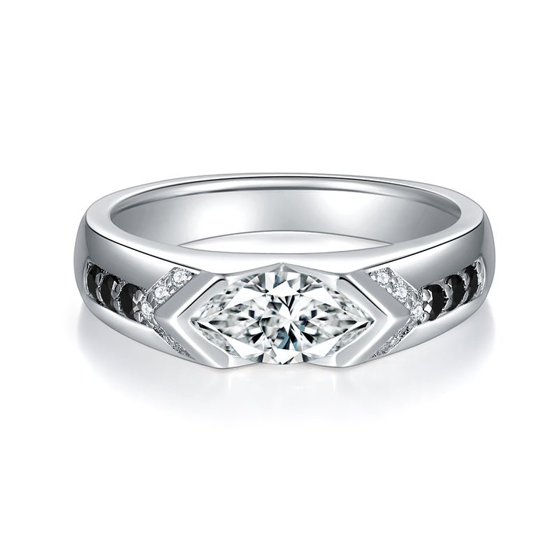 S925 Sterling Silver 1ct Marquise Moissanite Men's Ring, Geometric Silver With Black Accents, Platinum Plated, US Sizes 5-9, GRA Certificate Gift Box - IVOIRART.COM