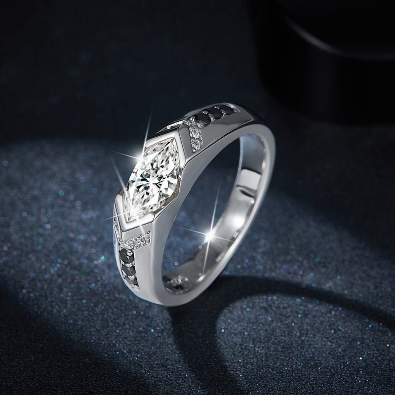 S925 Sterling Silver 1ct Marquise Moissanite Men's Ring, Geometric Silver With Black Accents, Platinum Plated, US Sizes 5-9, GRA Certificate Gift Box - IVOIRART.COM